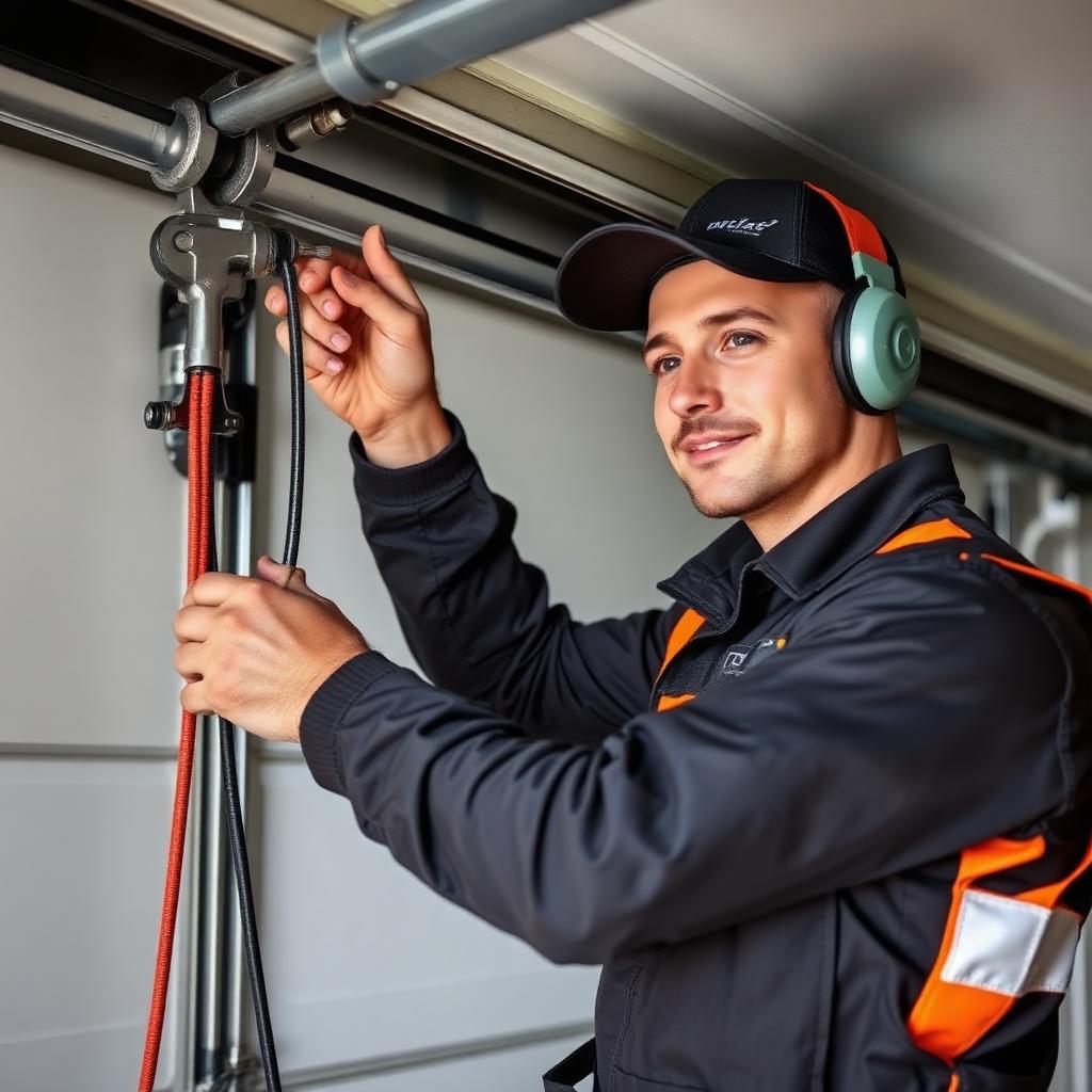 Professional garage door technician performing cable replacement service